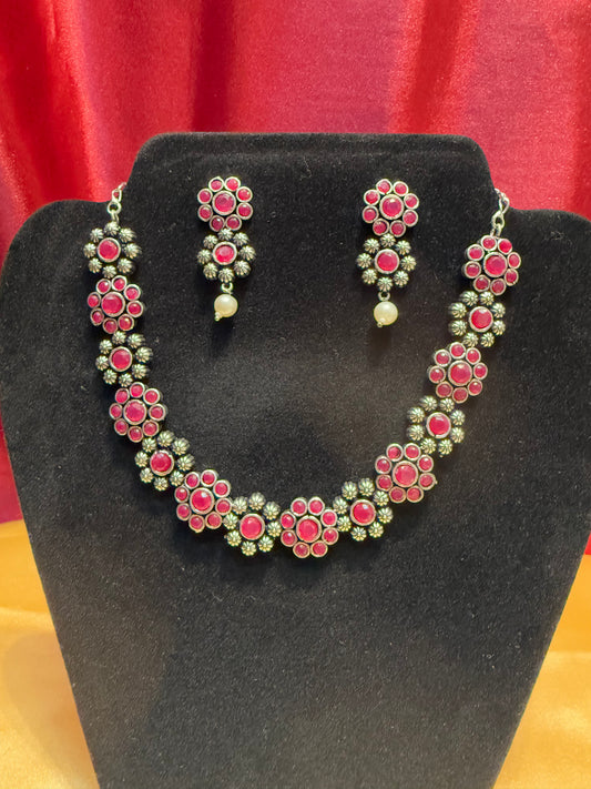 Gorgeous Oxidized Hot Pink With Flowers Designed Necklace With Earring Set