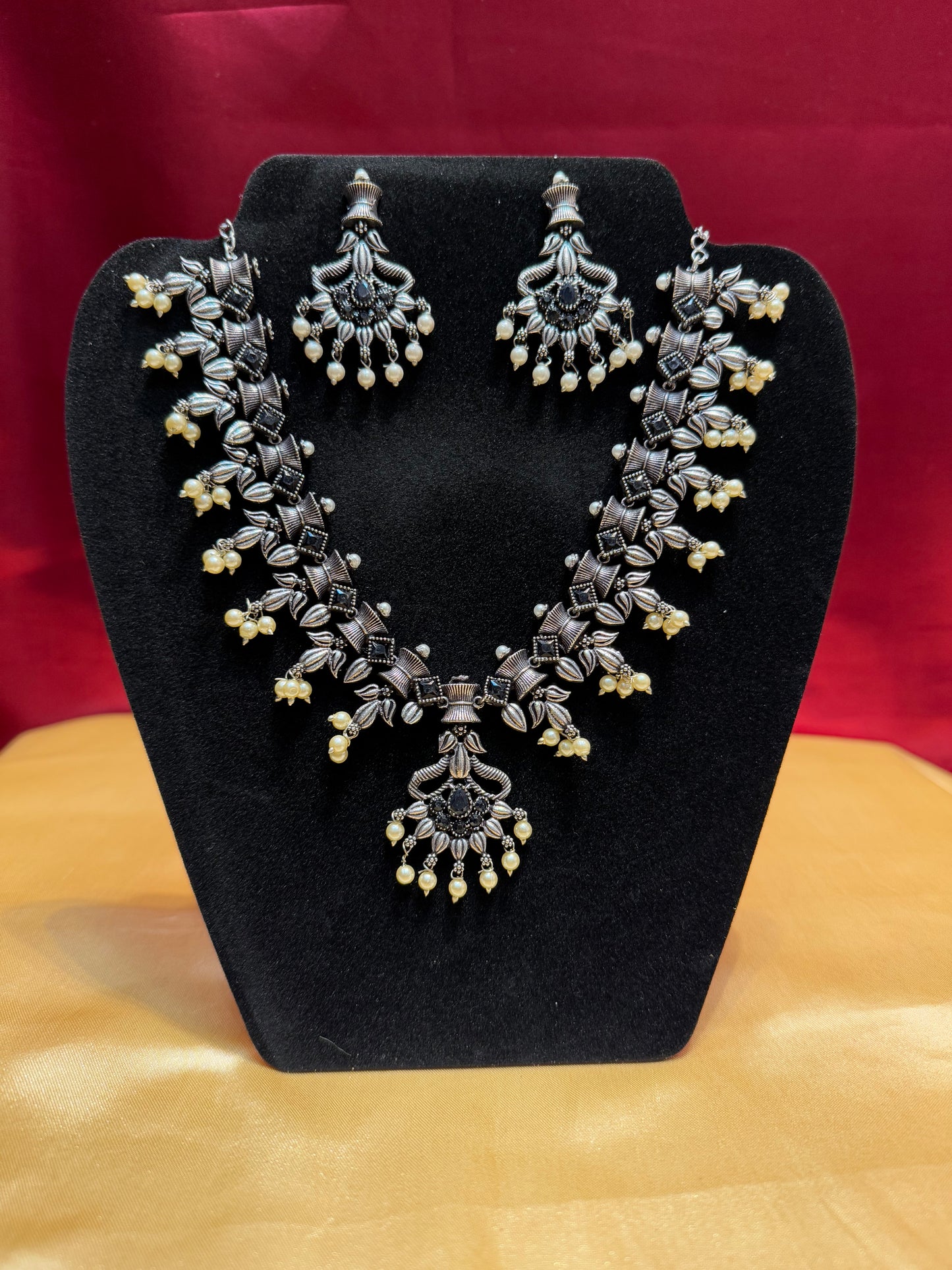 Alluring Black Color Oxidized Beautiful Pearl Drop Necklace With Earrings Set