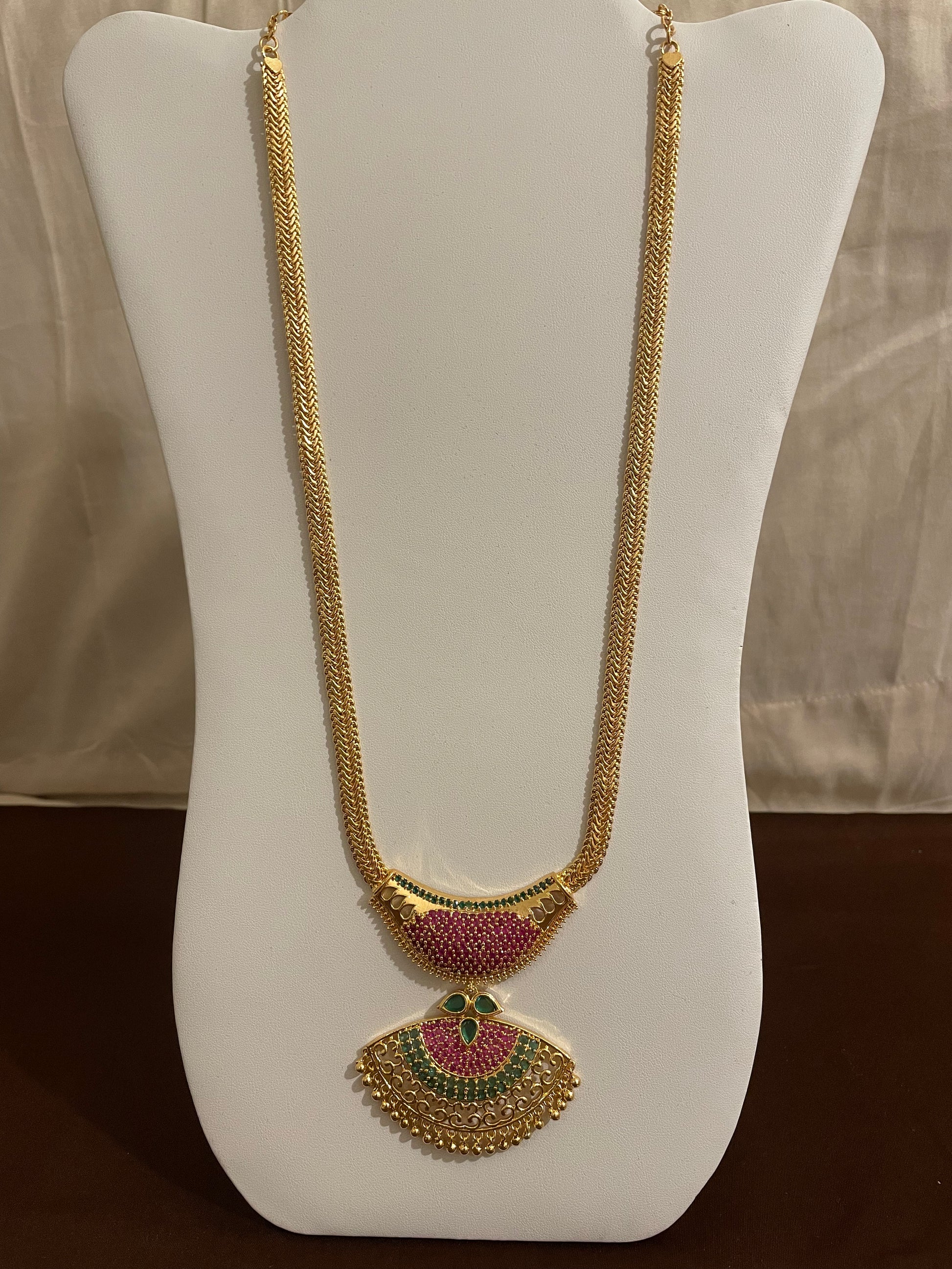 Attractive Gold Plated Pink And Green Stone Necklace For Women