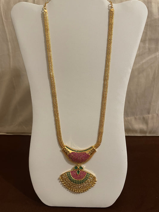Attractive Gold Plated Pink And Green Stone Necklace For Women