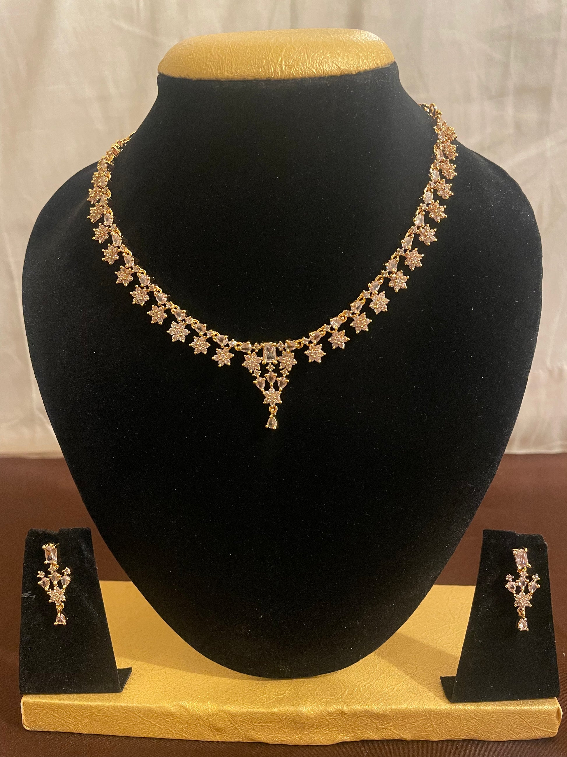 Stunning Gold Plated White Stones Necklace Set With Earrings