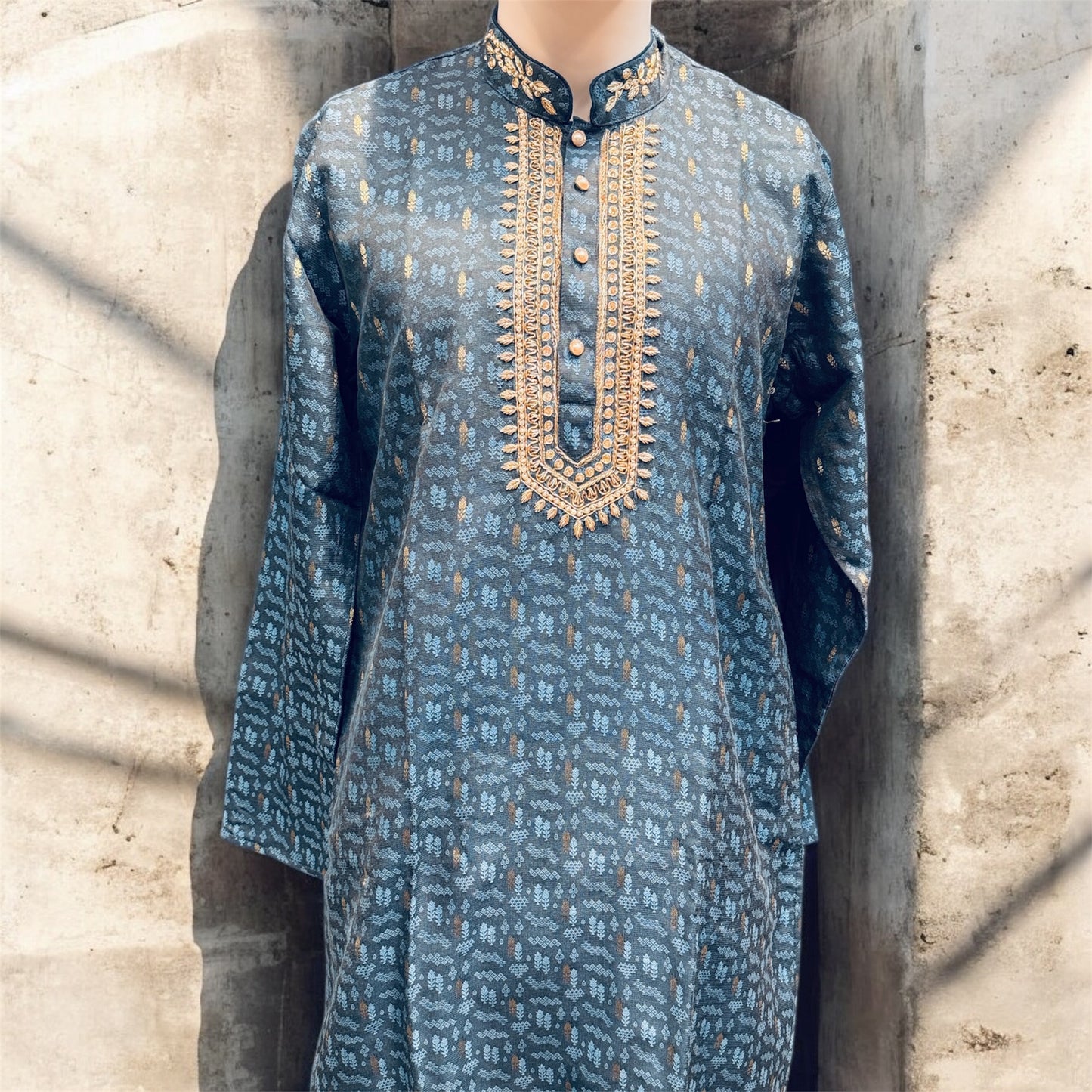 Elegant Dark Blue Color Brocade With Embroidery Work Kurta Suits For Men