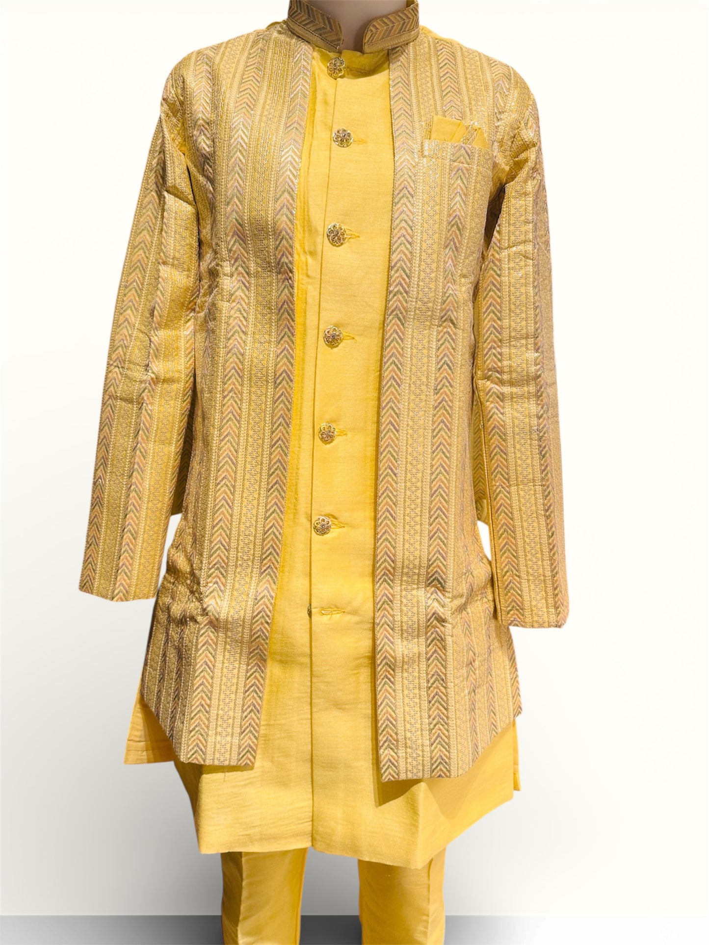 Beautiful Yellow Color Embroidery And Sequins Work Sherwani Suits For Men