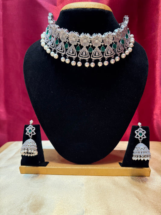 Stunning Green Stoned American Diamond With Pearl Beaded Choker And Jhumka Set