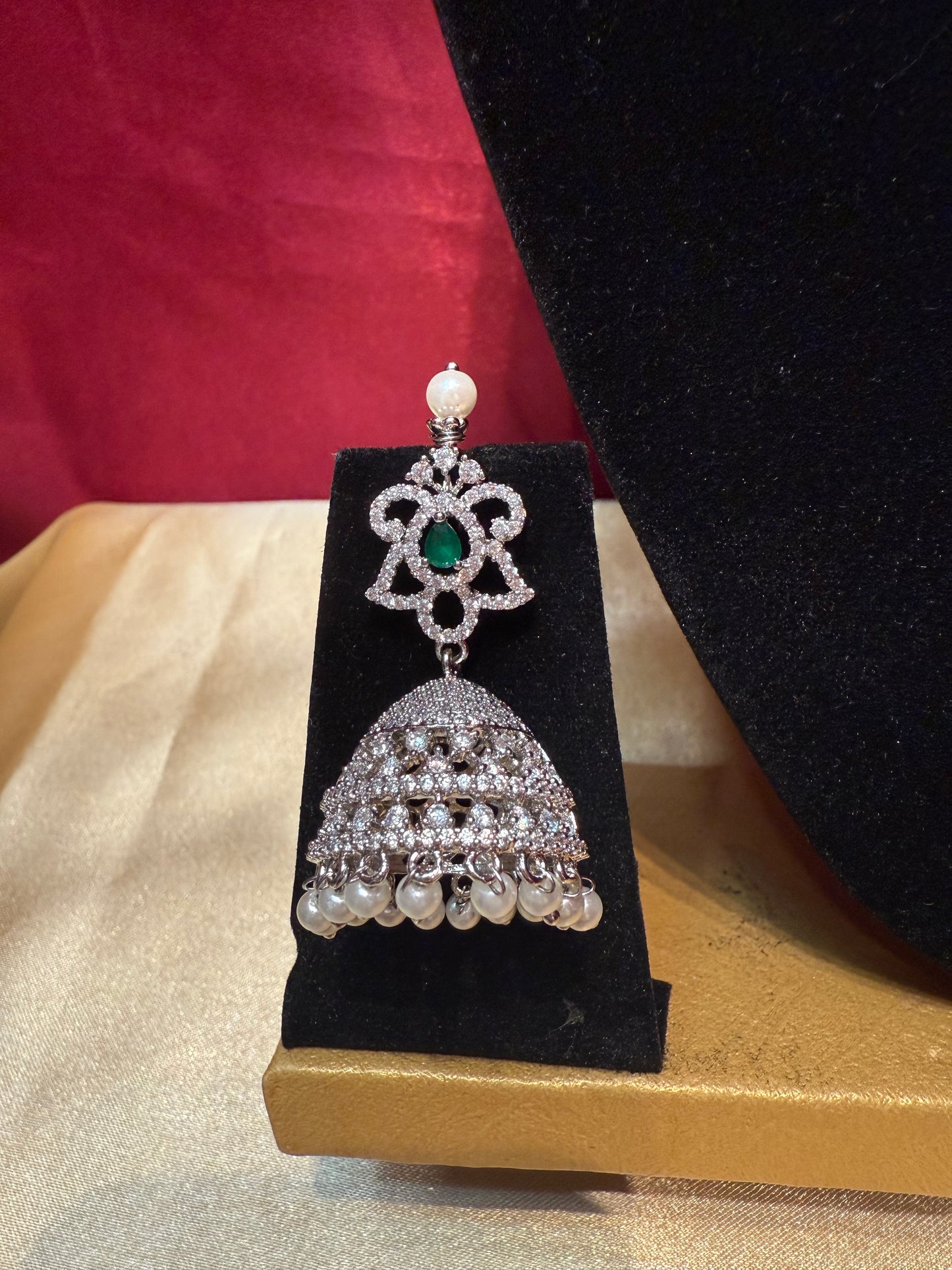 Green Stoned American Diamond Jhumka Set In USA