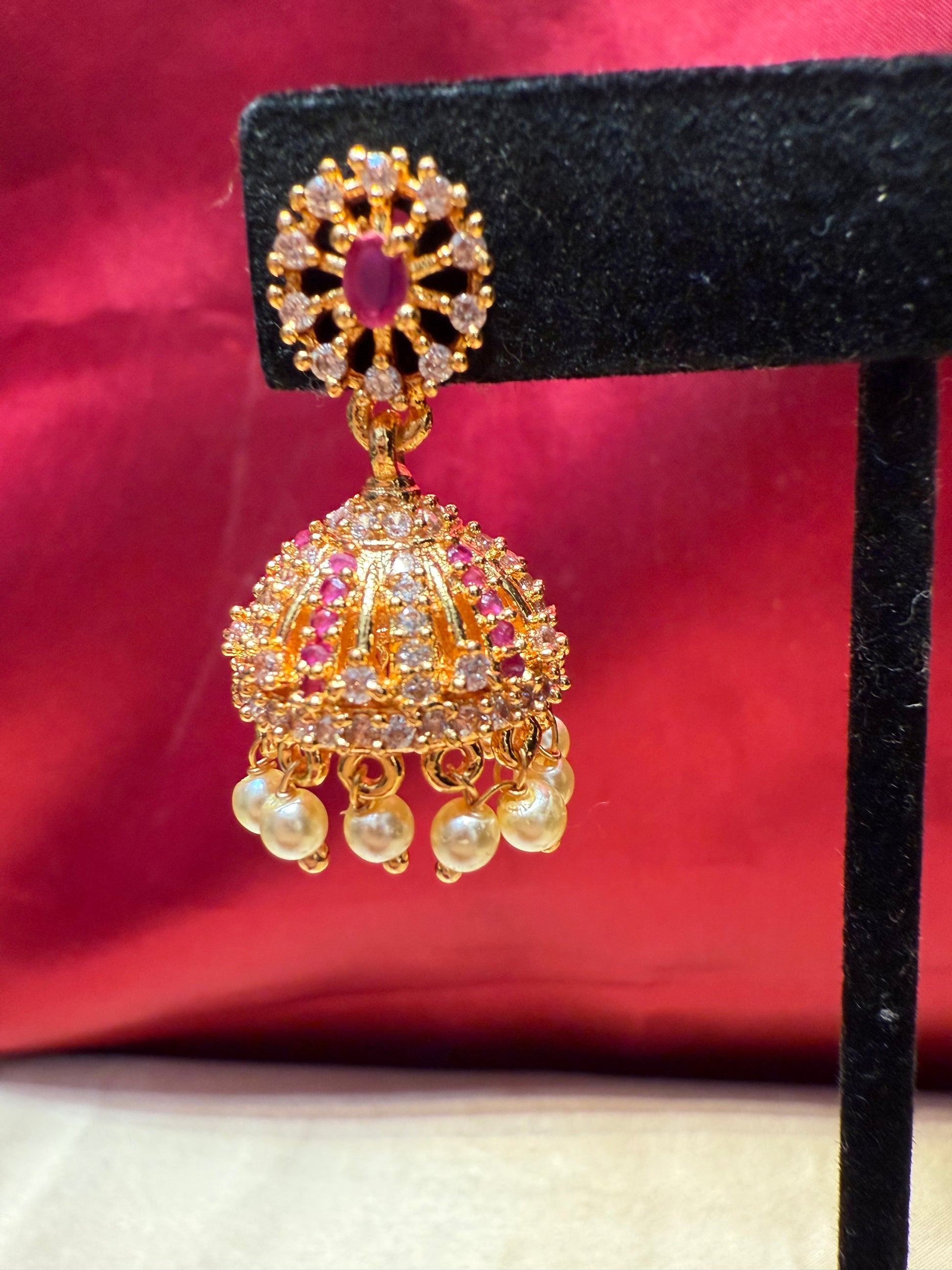 Pink And White Stone Gold Plated Jhumka Near Me