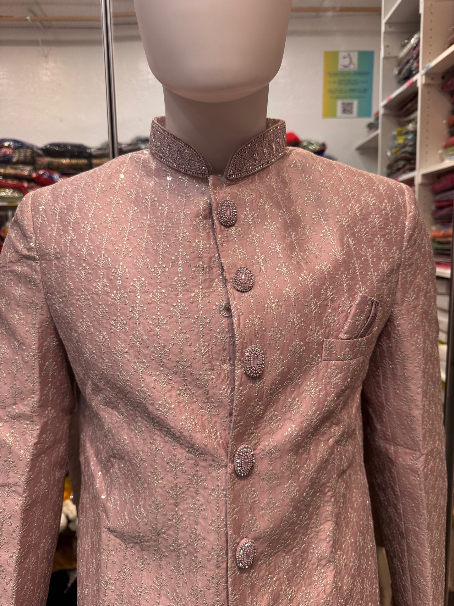 Premium Designer Vivaah Hand Embroidery Silk Sherwani Suit For Men - Onion Pink