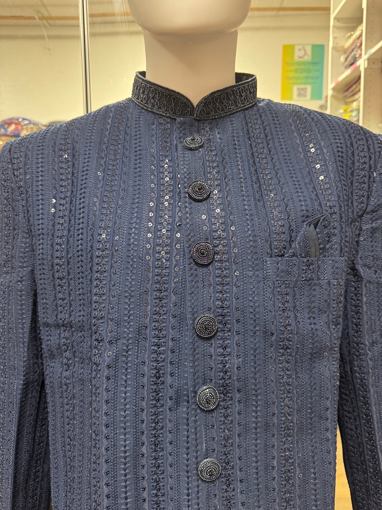 Premium Designer Vivaah Hand Embroidery Silk Sherwani Suit For Men - Navy Blue