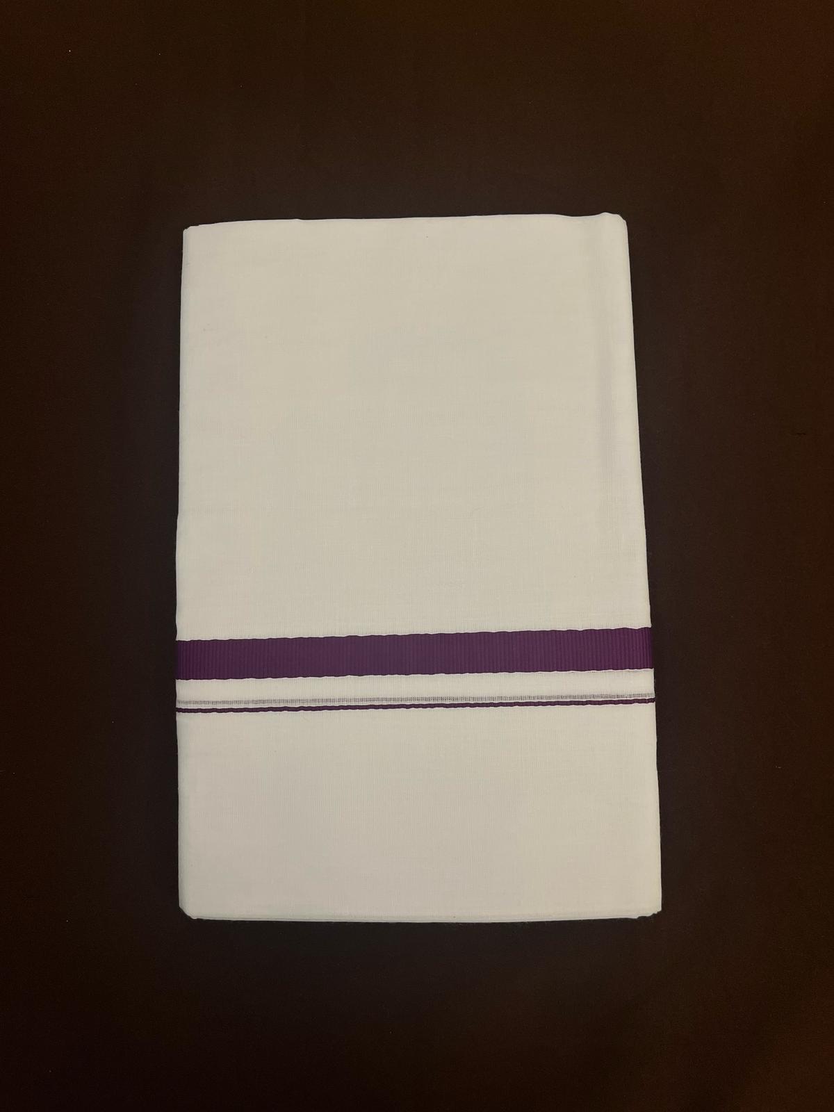 Elegant Men's White Premium Pure Cotton Purple Zari Border Dhoti