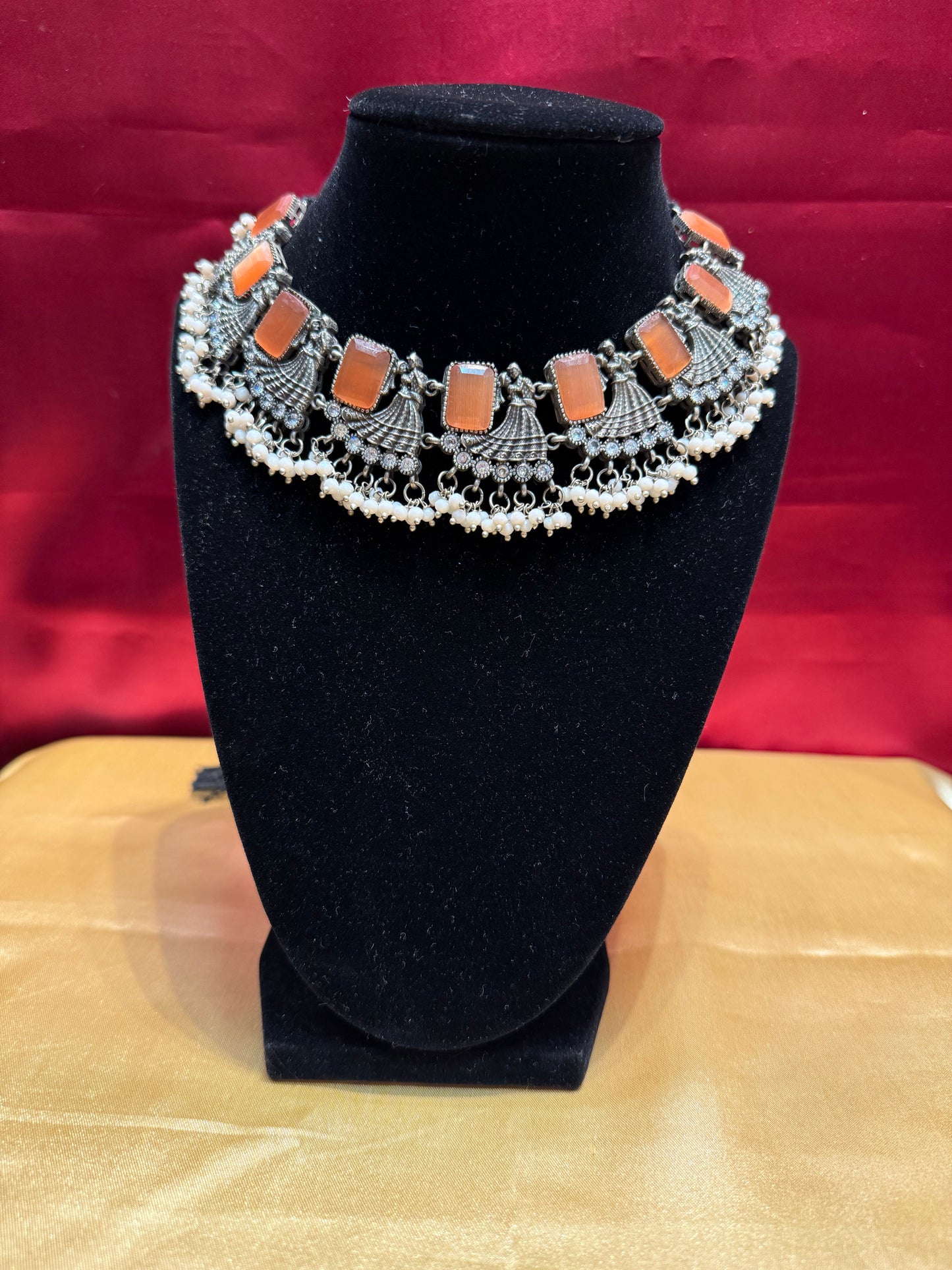 Beautiful Pastel Orange Color Stone Studded Oxidized Designer Necklace For Women