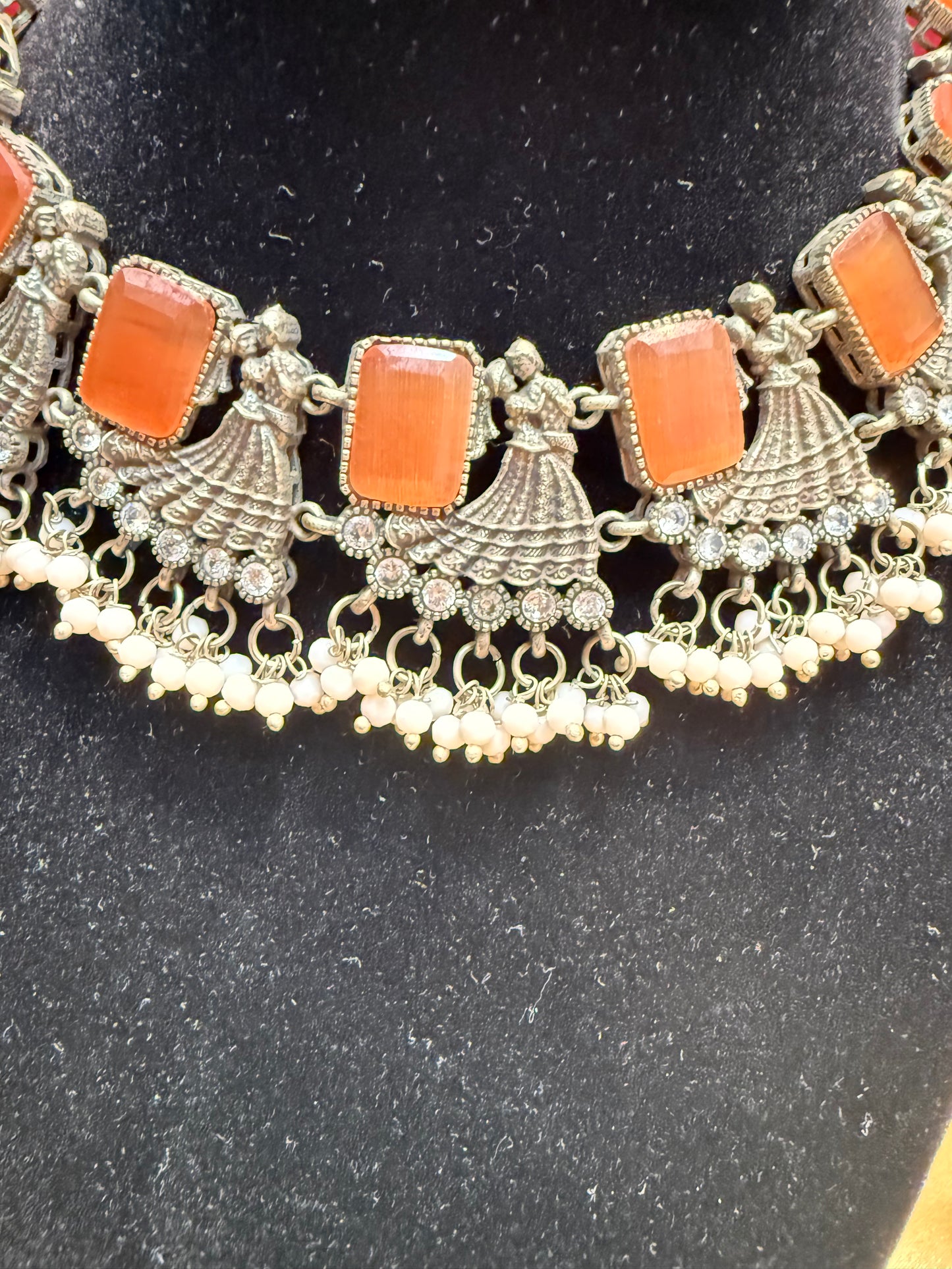 Beautiful Pastel Orange Color Stone Studded Oxidized Designer Necklace For Women