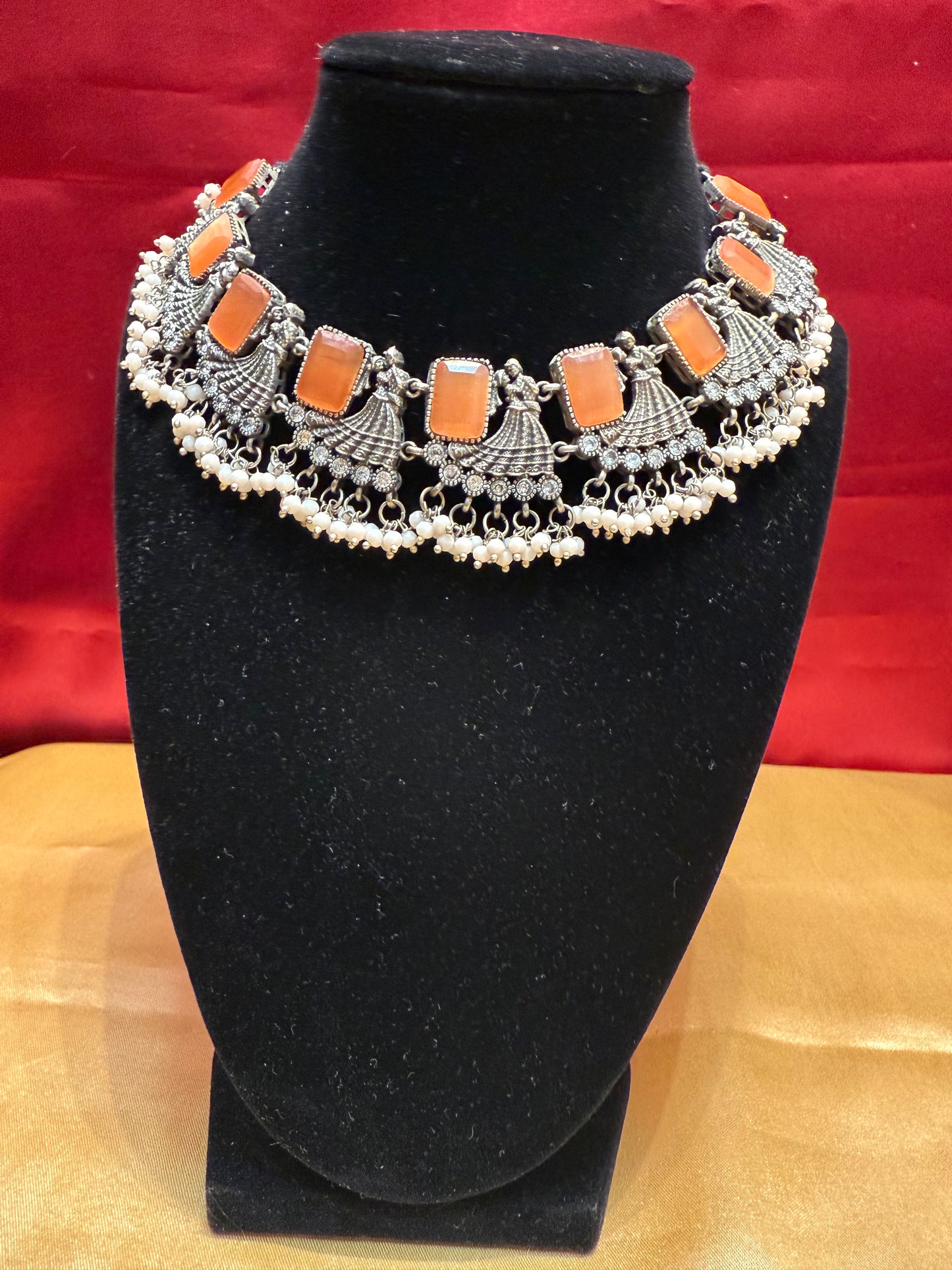 Beautiful Pastel Orange Color Stone Studded Oxidized Designer Necklace For Women