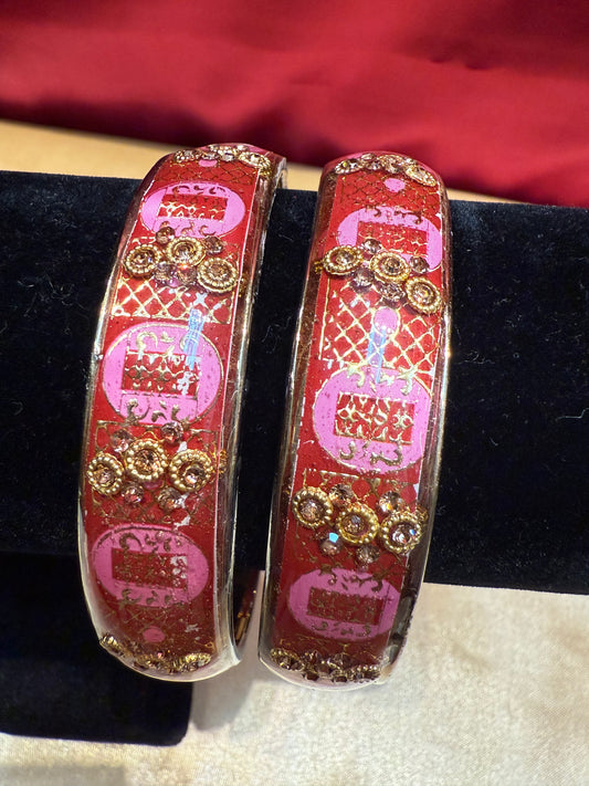 Beautiful Maroon Color Stone Design Glass Bangles For Women