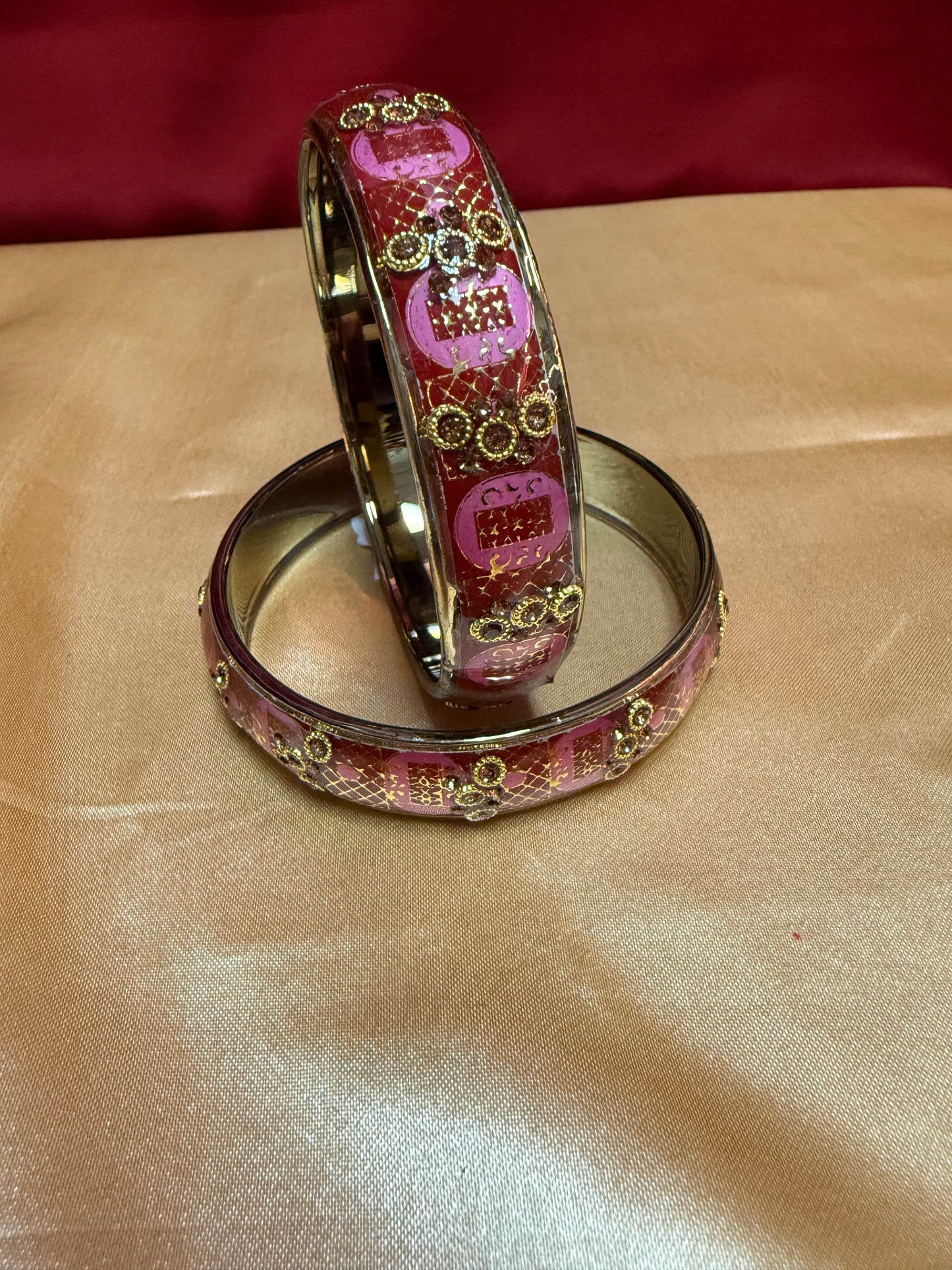 Beautiful Maroon Color Stone Design Glass Bangles For Women