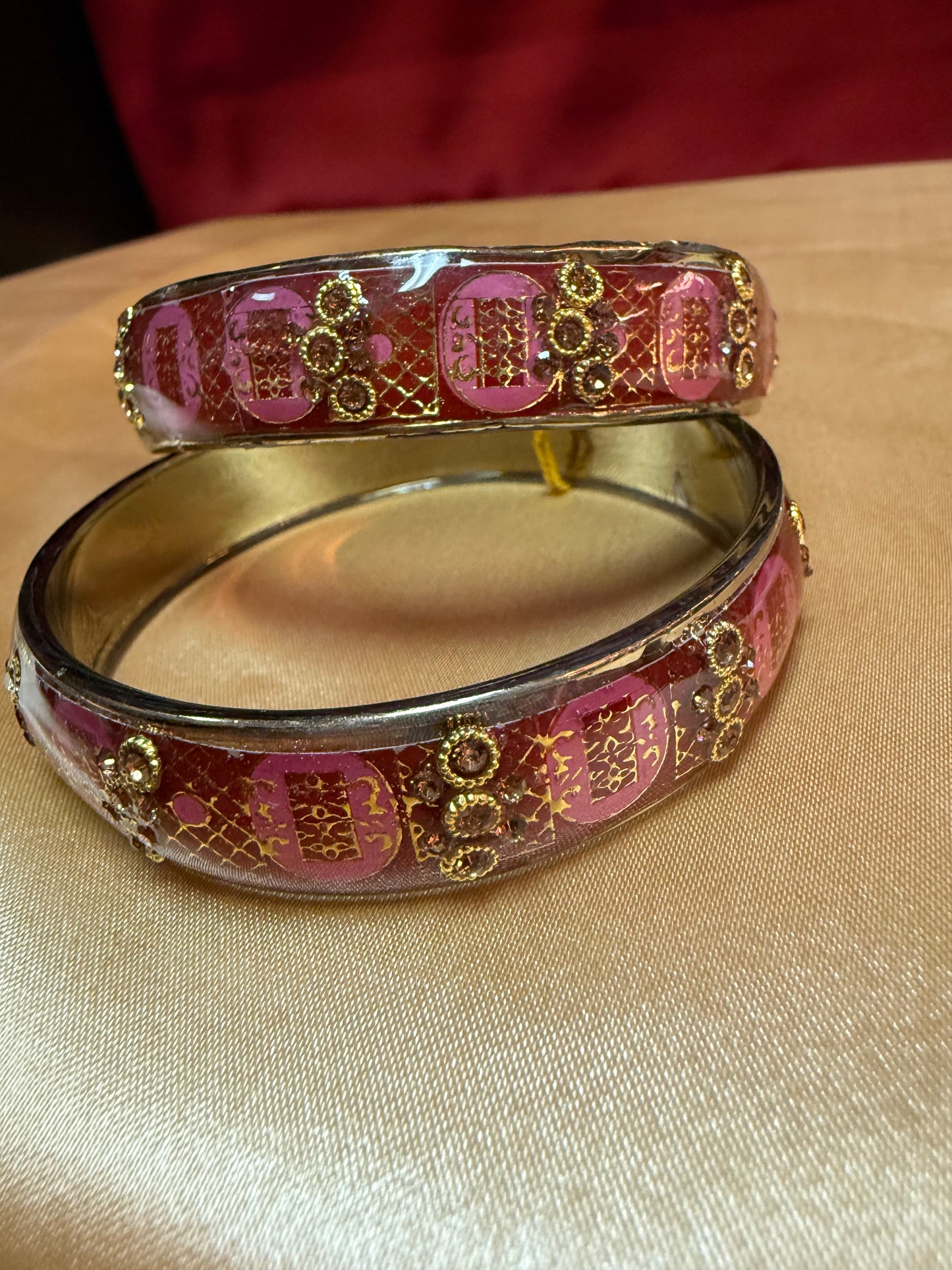 Beautiful Maroon Color Stone Design Glass Bangles For Women