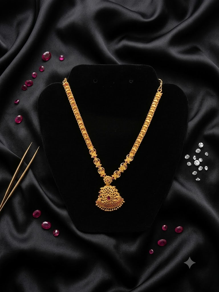 Traditional Gold Plated And Ruby Red Stone Necklace Set For Women