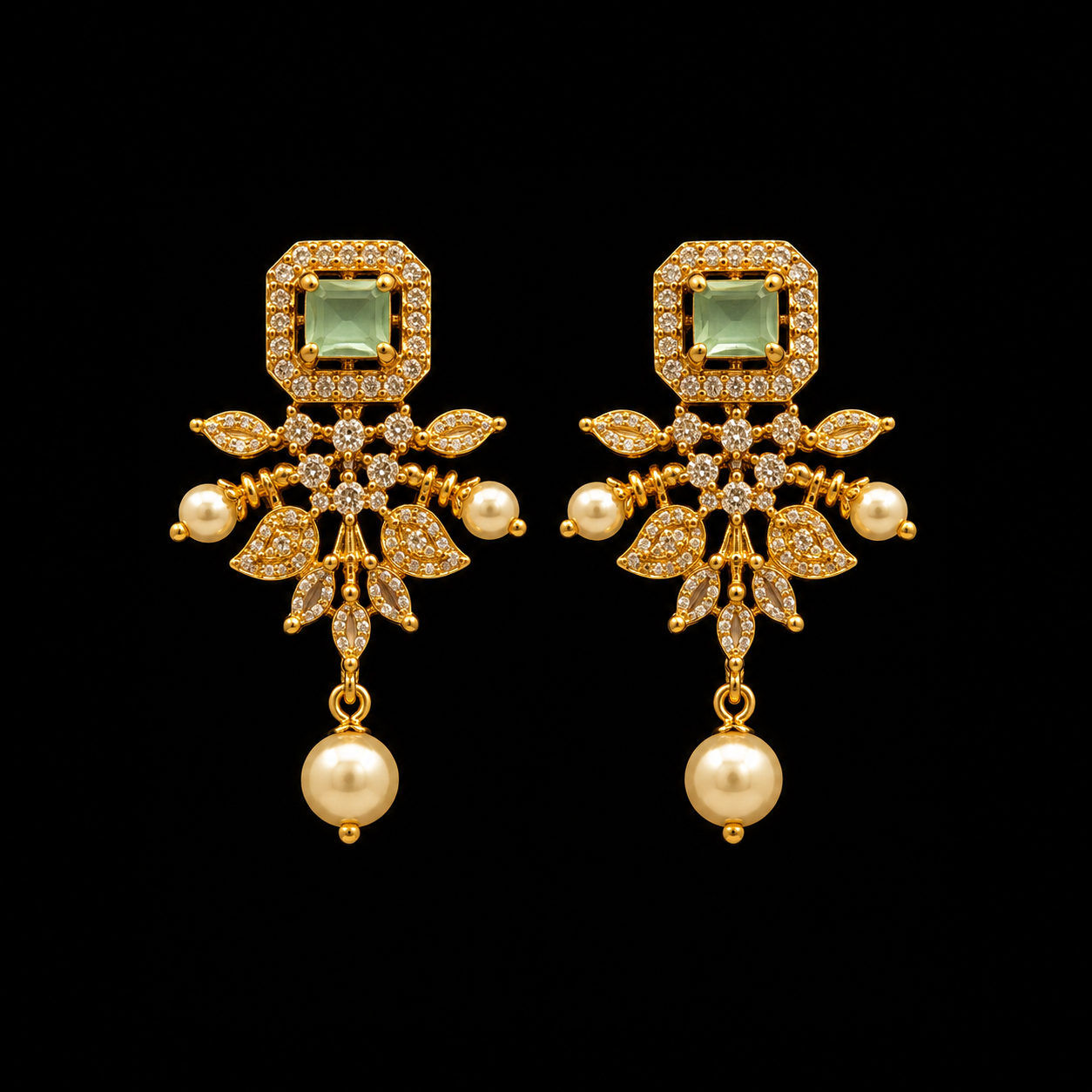 Beautiful Gold Plated Light Green Stone Earrings with Pearl Drops Necklace Set