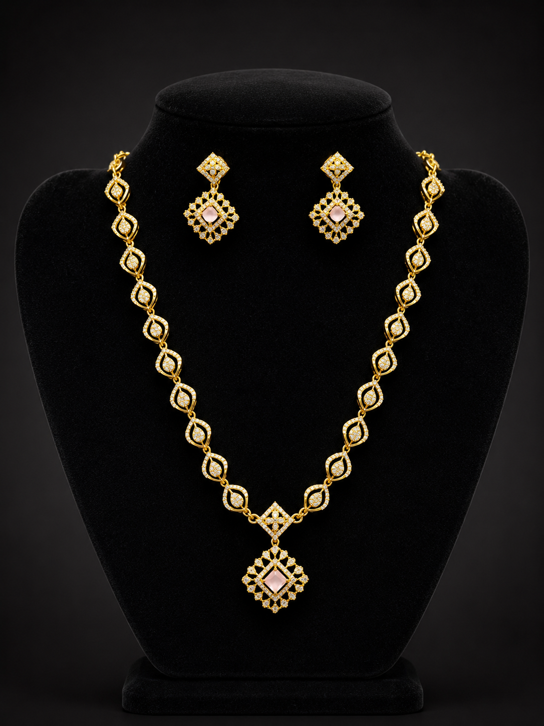 Attractive Gold Plated American Diamond Baby Pink Stone Necklace Set with Earrings