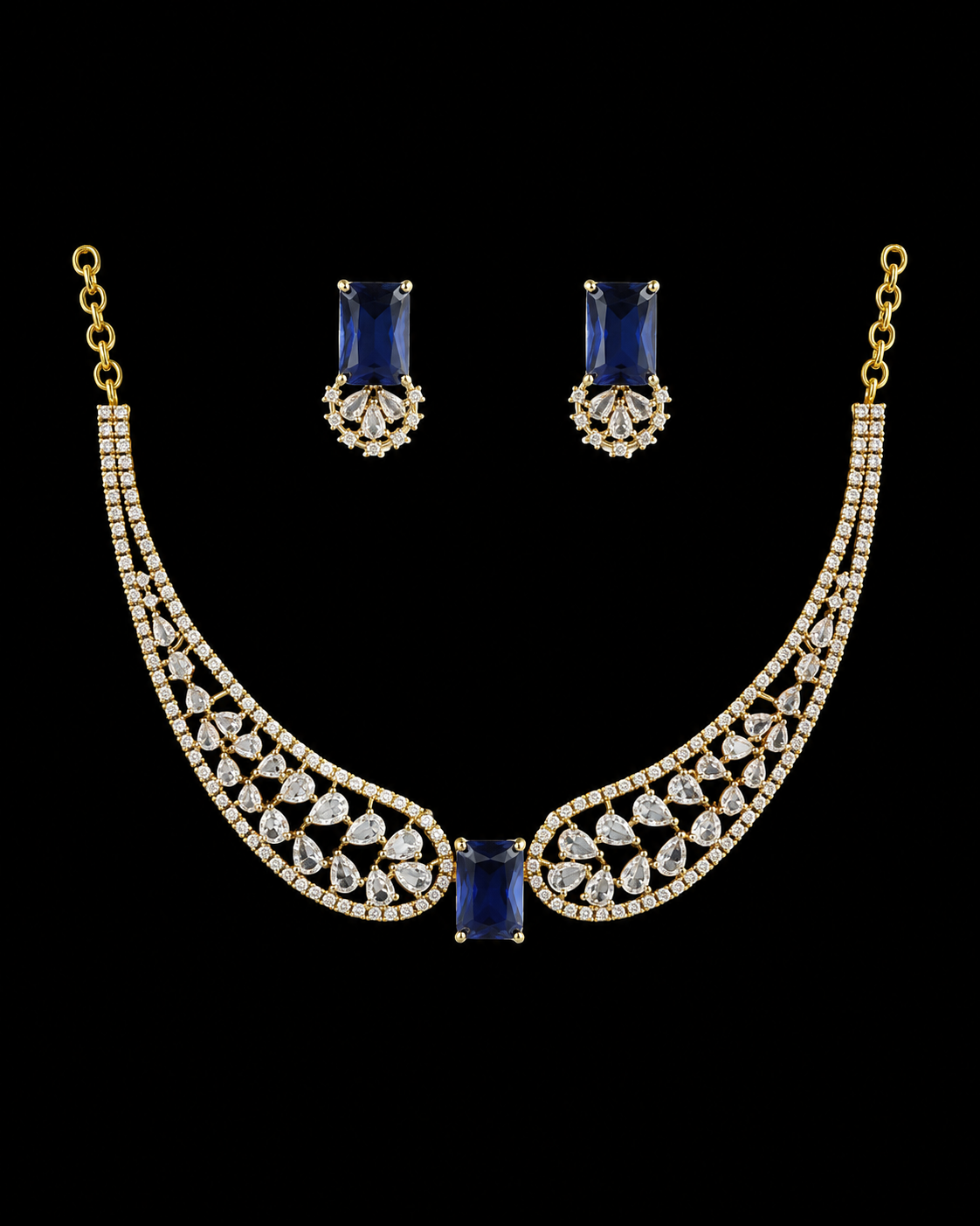 Royal Blue Emerald-Cut Gold-Plated Necklace Set