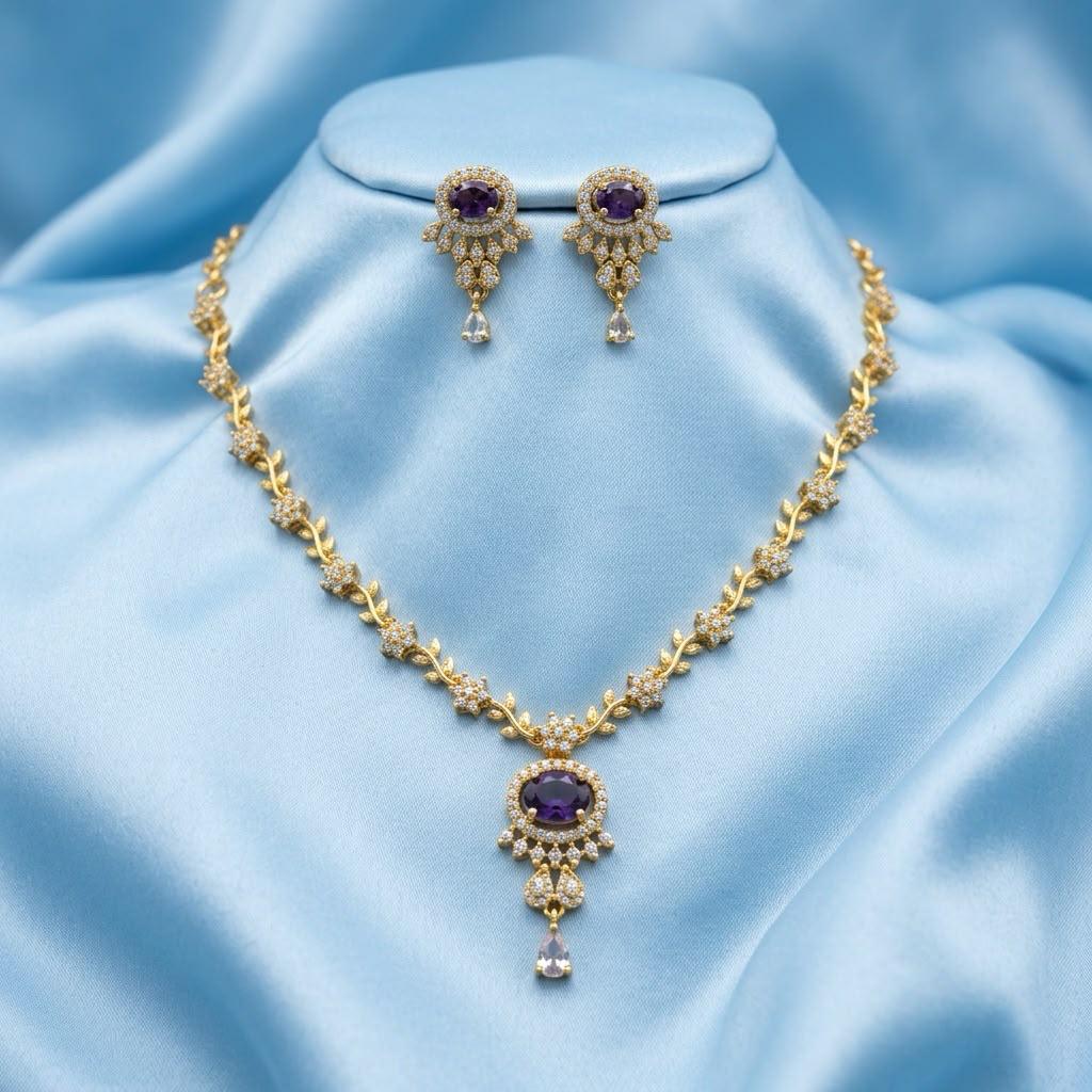 Designer Gold Plated Purple Oval Crystal Necklace & Earrings Set