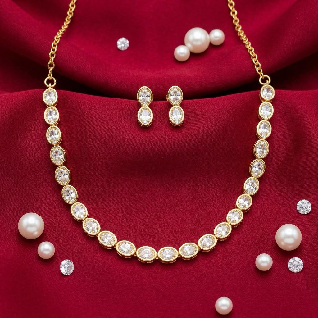 Gold Plated Oval Crystal Necklace & Earrings Jewelry Set