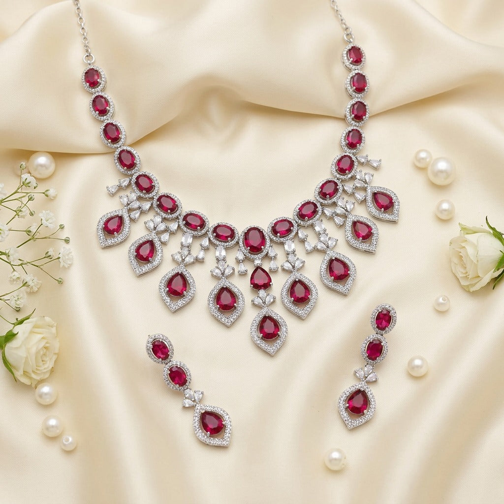 Silver Plated Ruby Red Teardrop American Diamond Jewelry Set