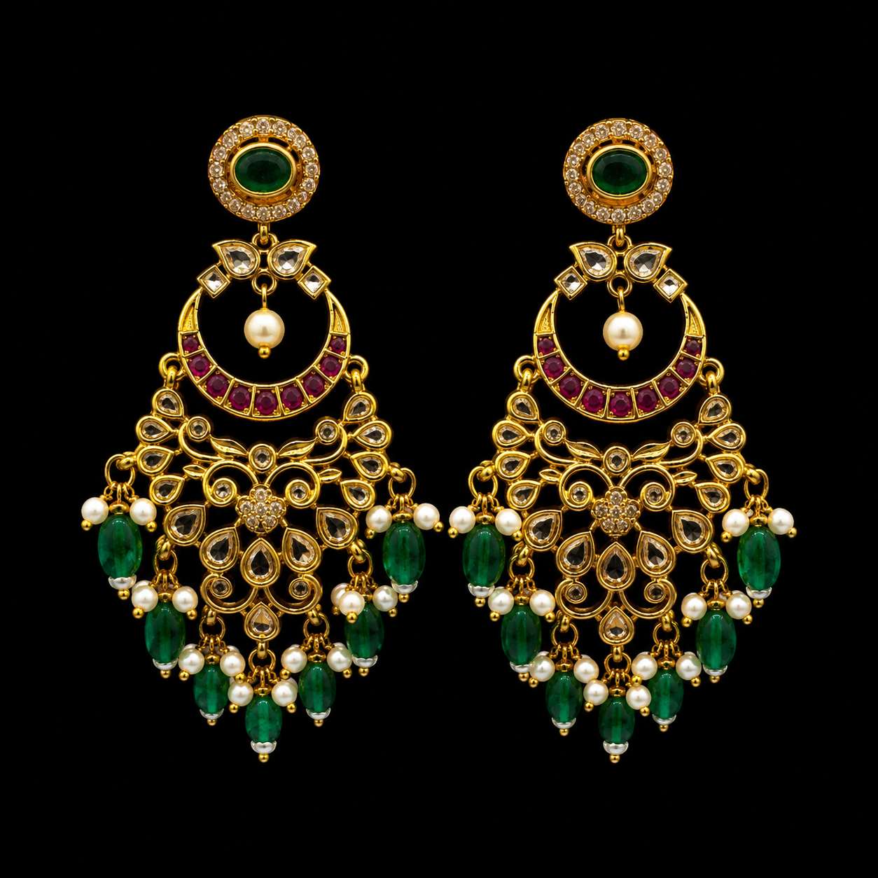 Gold Plated Green Stone & Pearl Chandbali Earrings