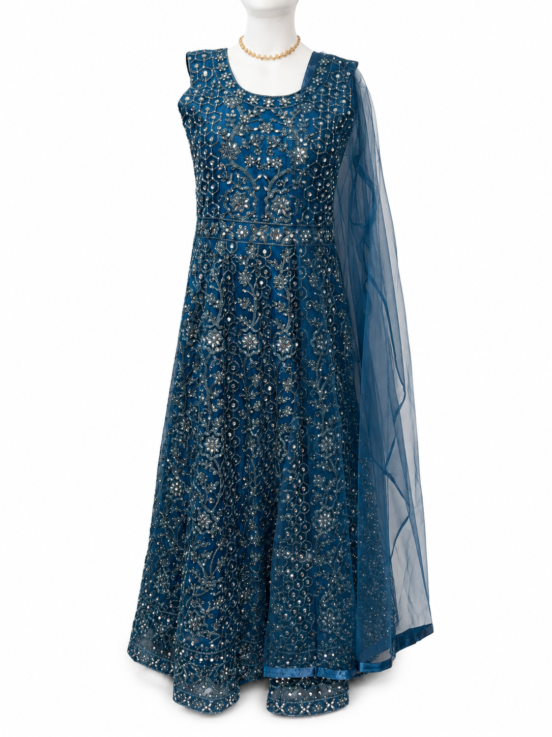 Marvelous Dark Blue Color Mirror And Embroidery Work Silk Anarkali Gown For Women