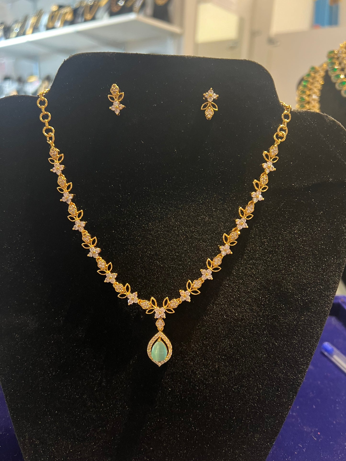 Elegant White Stones With Green Color Pearl Gold Plated Necklace With Earrings Set For Women
