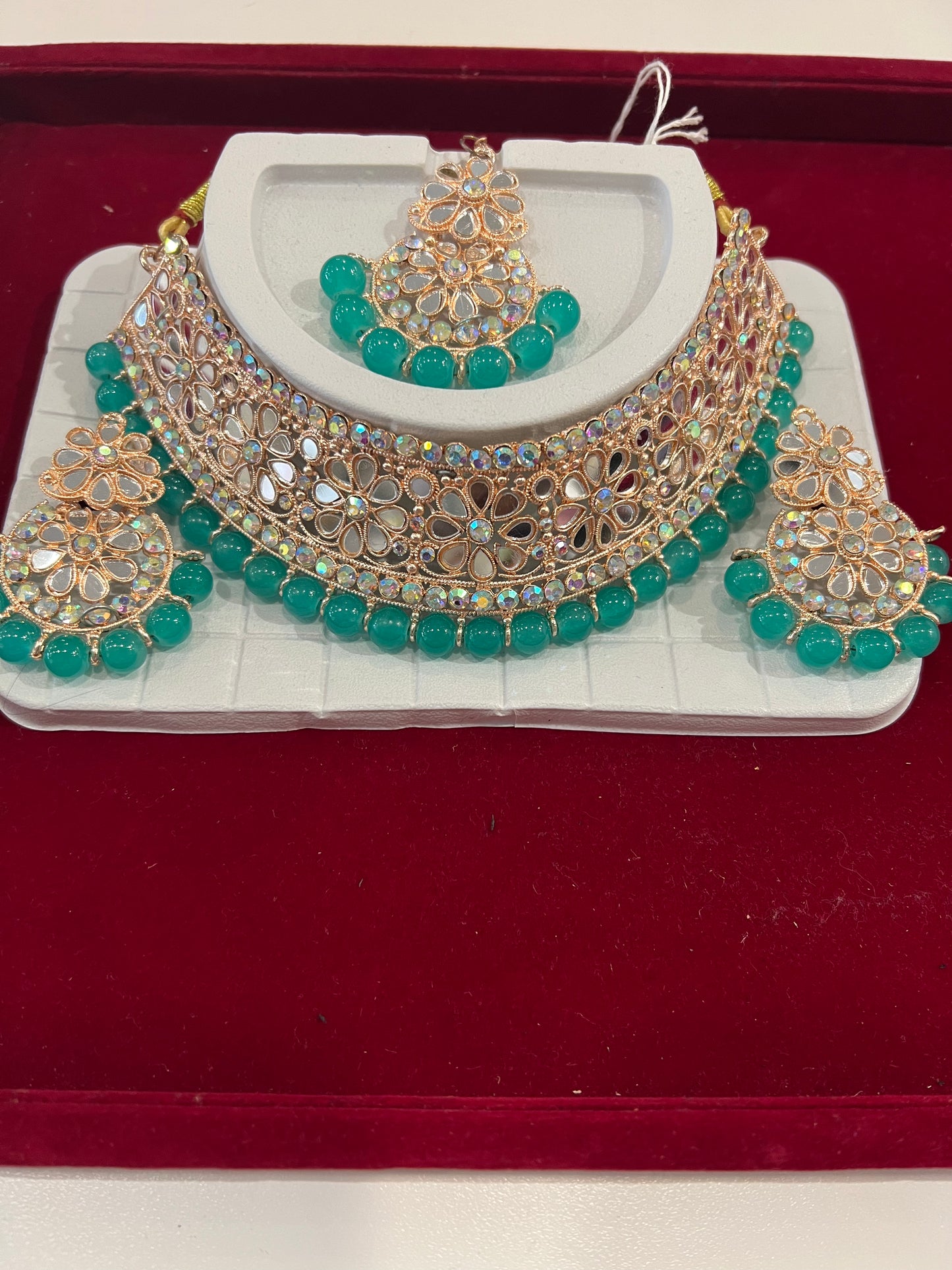 Fabulous White And Sky Blue Stones And Beads Gold Plated Choker With Maang Tikka And Earrings