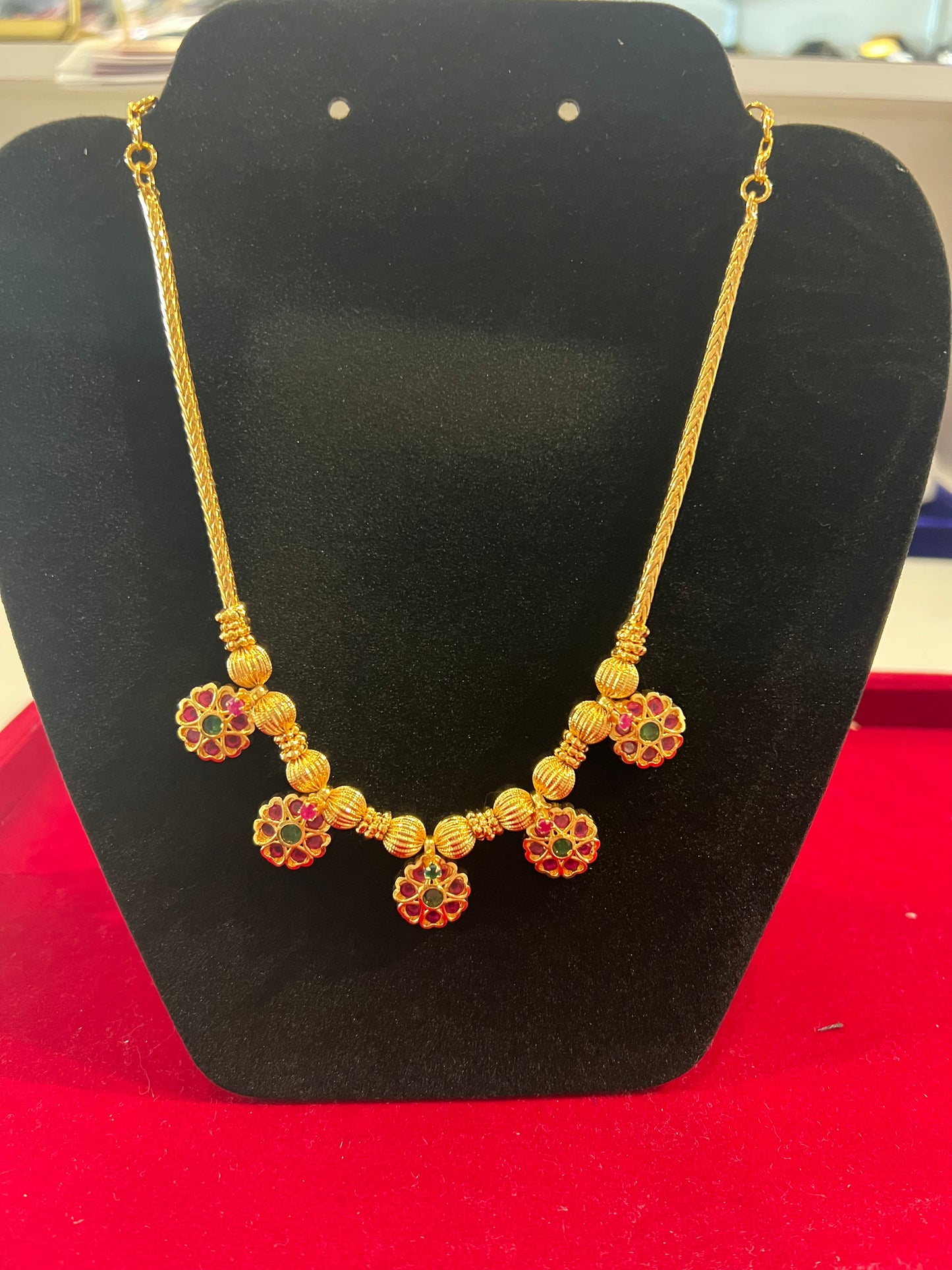 Wonderful Red And Green Stones Gold Plated Necklace For Women