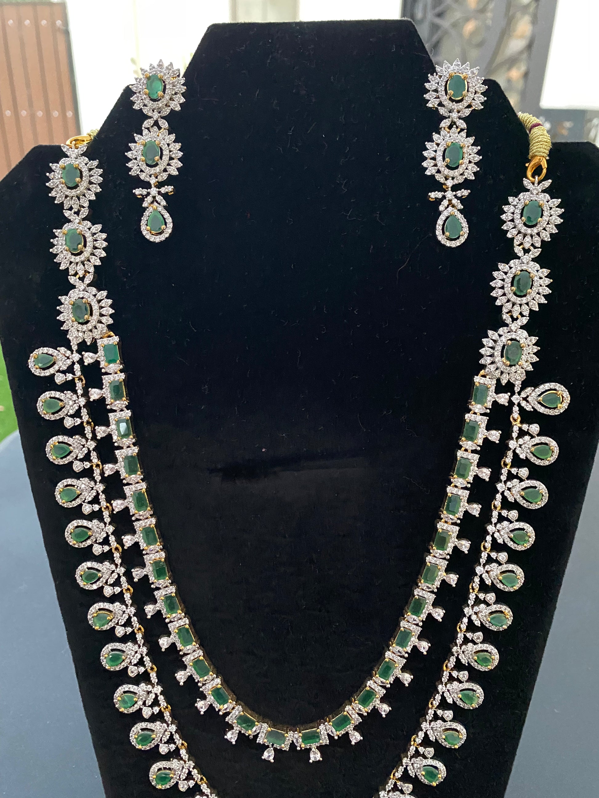 Green Stoned Two Layer American Diamonds Necklace Near Me