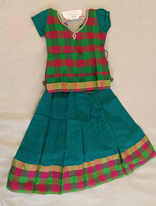Appealing Green Color Checks Silk Langa Set For Kids