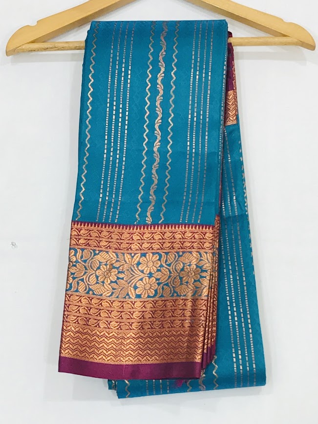Teal Blue Color Art Silk With Contrast Border Unique Design Saree In USA