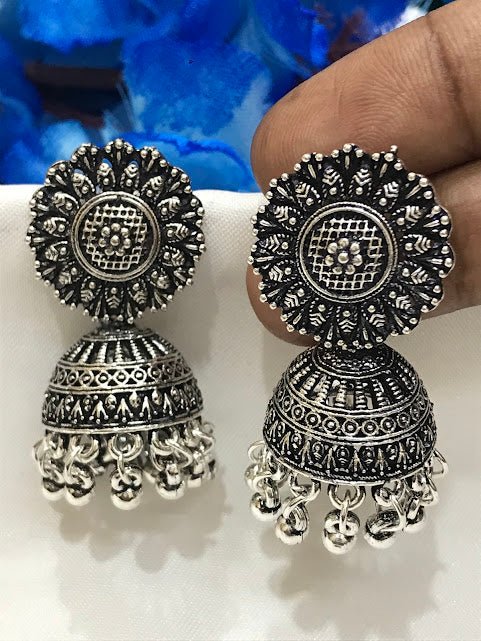 Graceful Silver Color Oxidized Jhumka Earrings In Globe