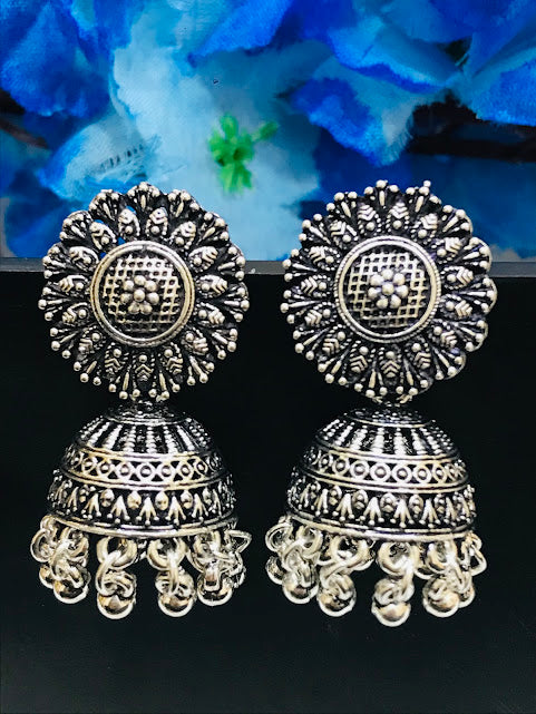 Graceful Silver Color Oxidized Jhumka Earrings With Beads Near Me