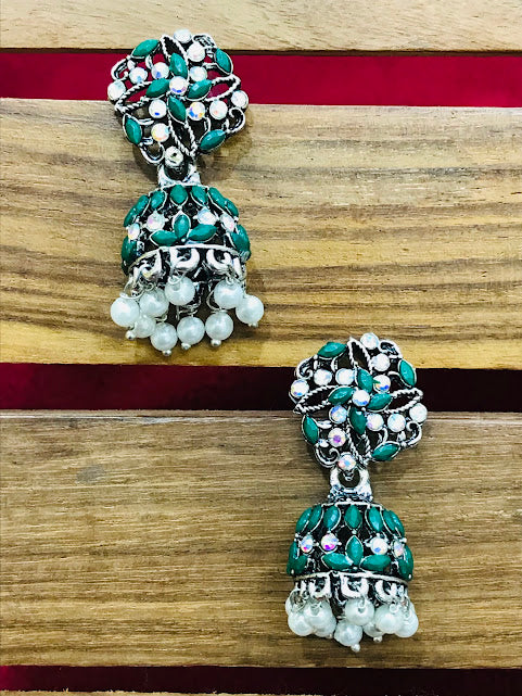 Attractive Green Color Oxidized Jhumka Earrings With Beads And Stones In Suncity