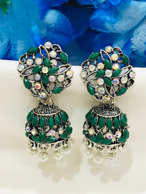 Attractive Green Color Oxidized Jhumka Earrings With Beads And Stones Near Me