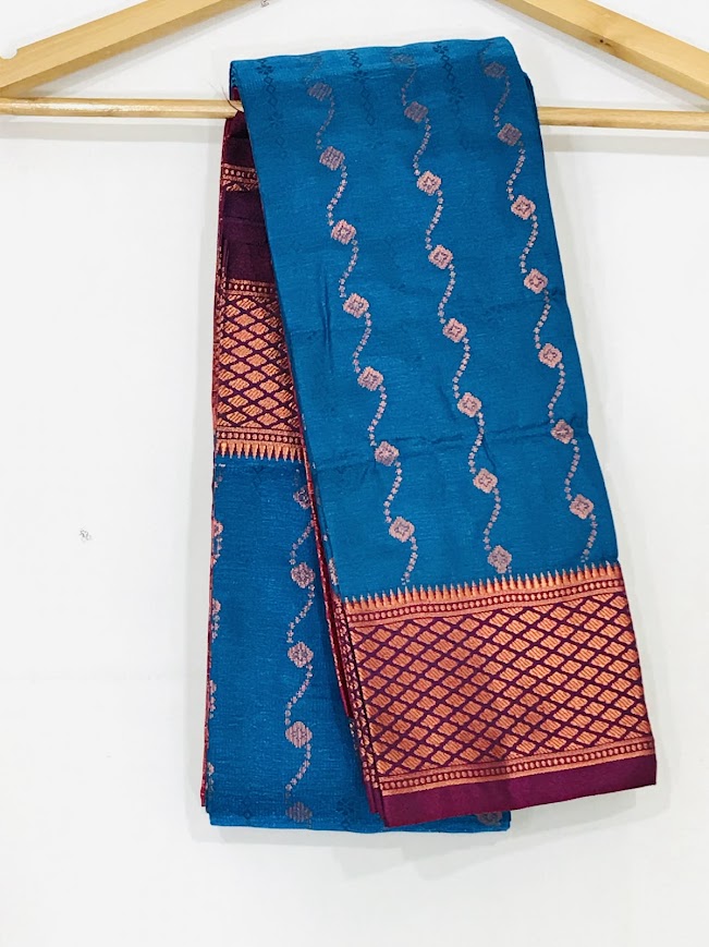 Teal Blue Color Contrast Border Unique Design Saree For Women In USA