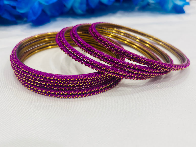 Purple Color Gold Plated Bangles With Glitter And Lehar Shape In Mesa