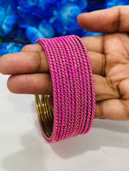 Elegant Pink Color Plain Lehar Dot Printed Antique Gold Bangle With Glitters