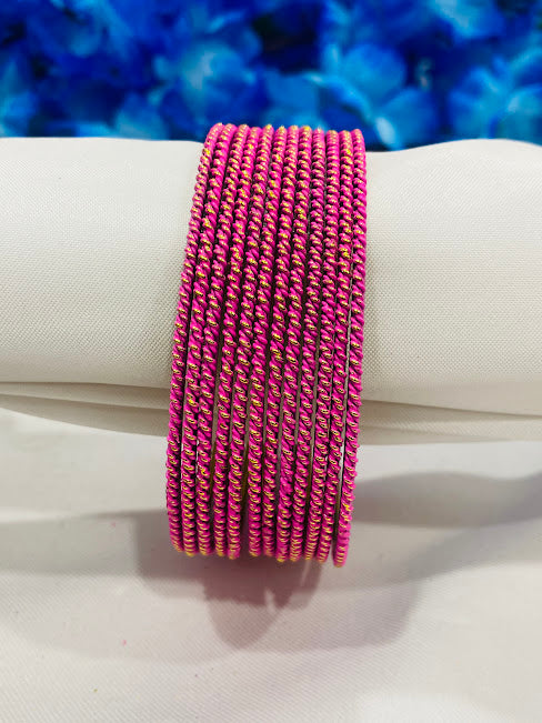 Elegant Pink Color Plain Lehar Dot Printed Antique Gold Bangle With Glitters