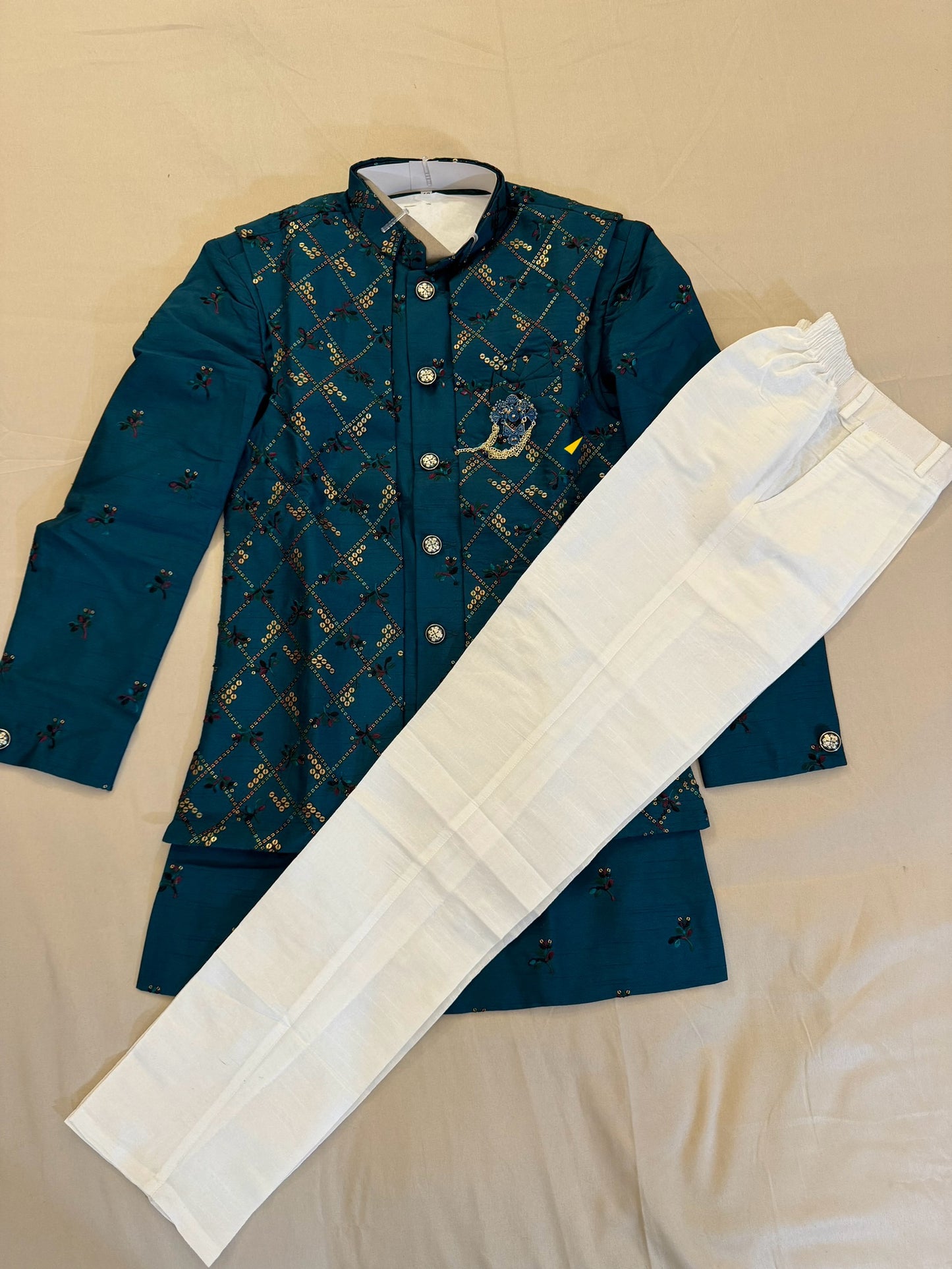Teel Green Color Silk Embroidery Kid's Kurta With Pajama Pant Near Me
