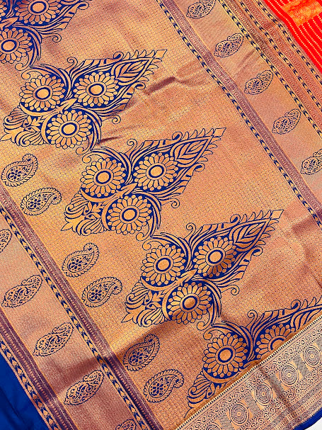 Pure Kanchi Silk Blue And Gold Border Saree  In  Surprise