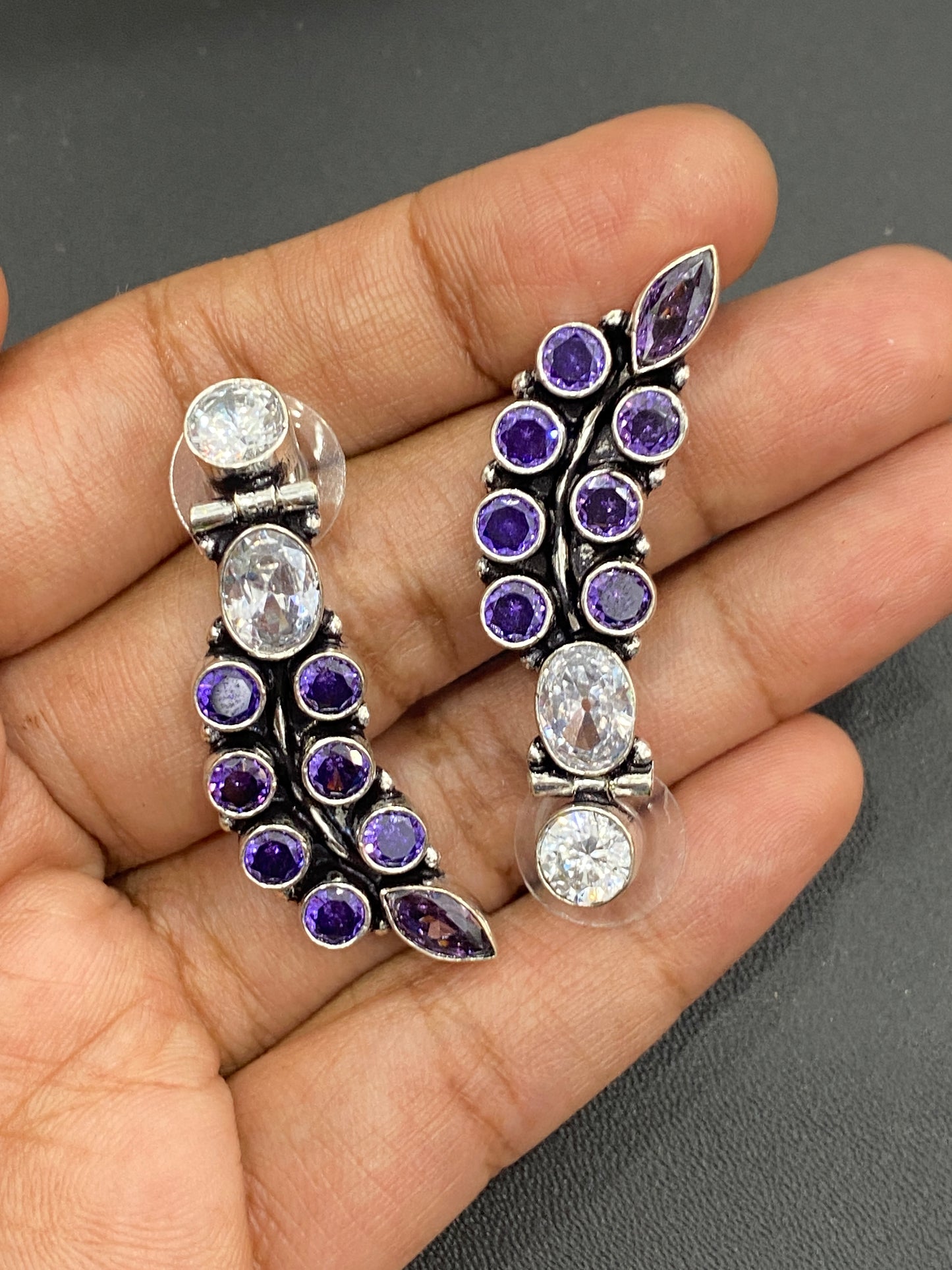 Violet Color Stone Studded Sterling Silver Plated Oxidized Stud Earrings in Seligman