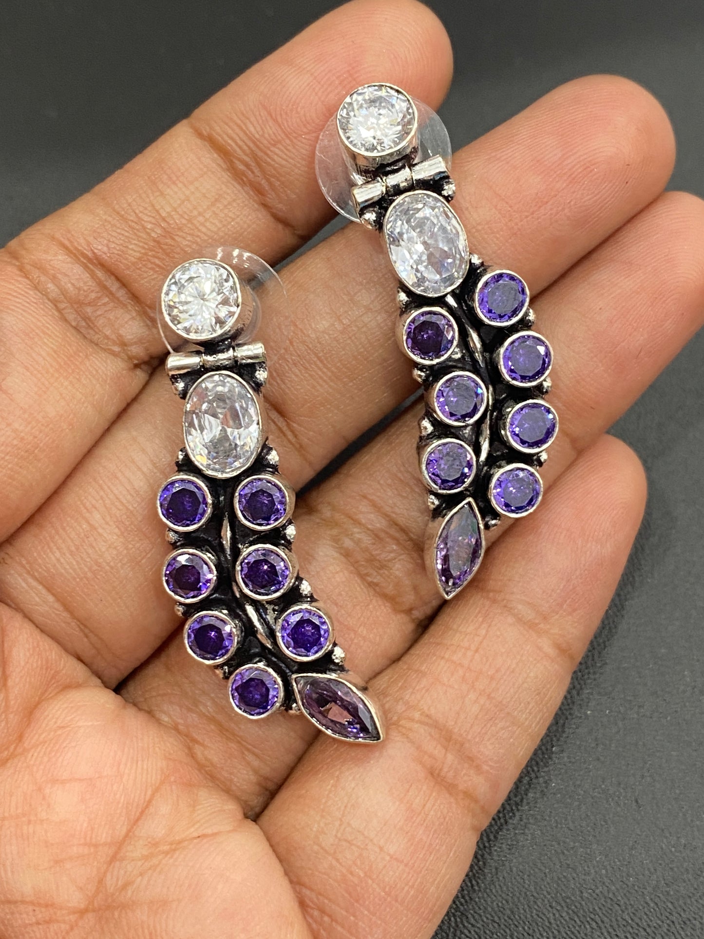 Lovely Violet Color Stone Studded Sterling Silver Plated Oxidized Stud Earrings