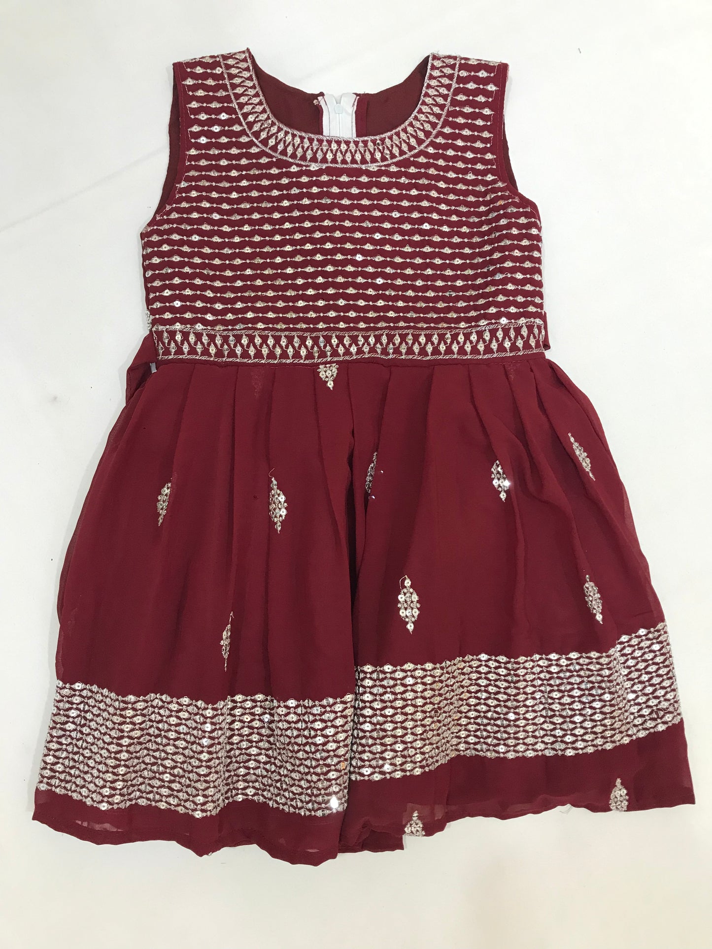 Dazzling Maroon Color Georgette Sequins Embroidery Work Frock For Kids