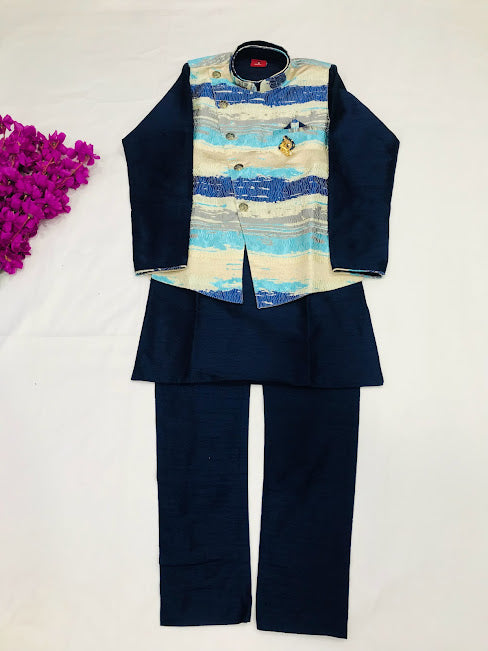 Beautiful Designer Blue Color Silk Kurta With Printed Nehru Jacket