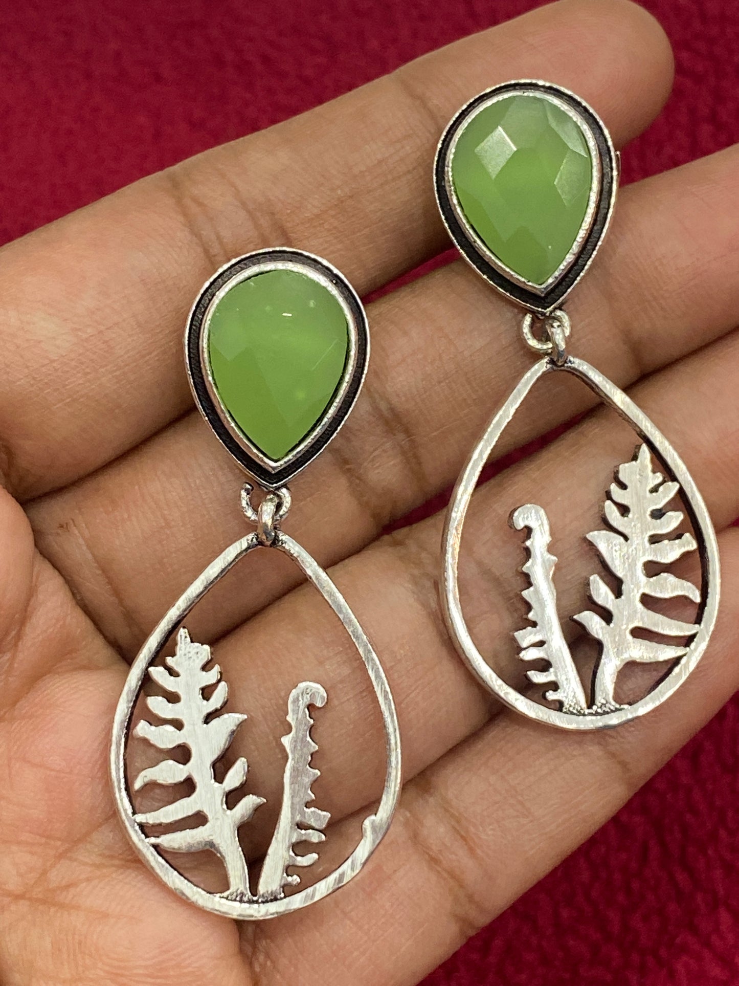Olive Green Color AD Stone Studded Silver Plated Earrings In USA
