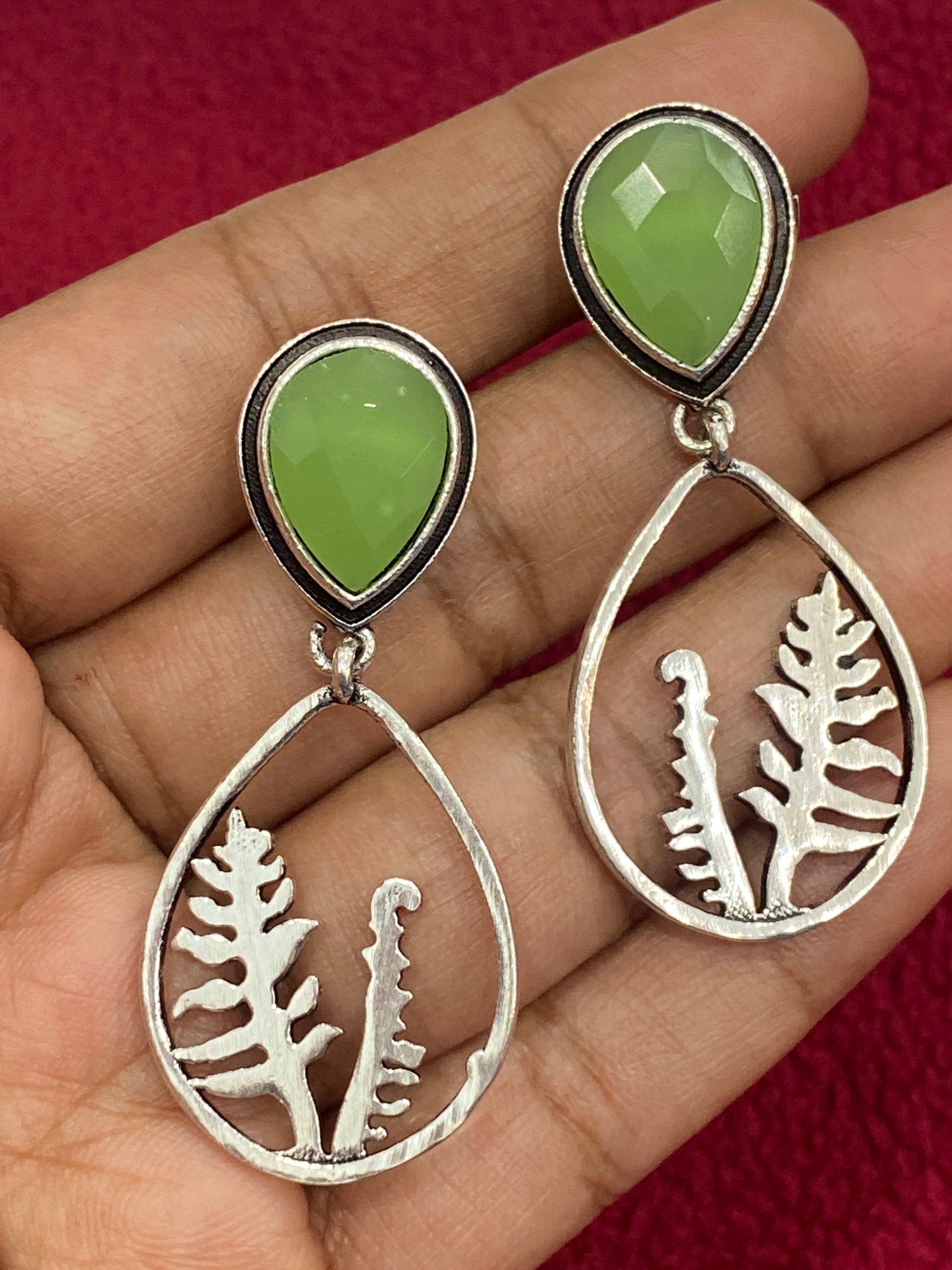 Olive Green Color AD Stone Studded Silver Plated Earrings In USA